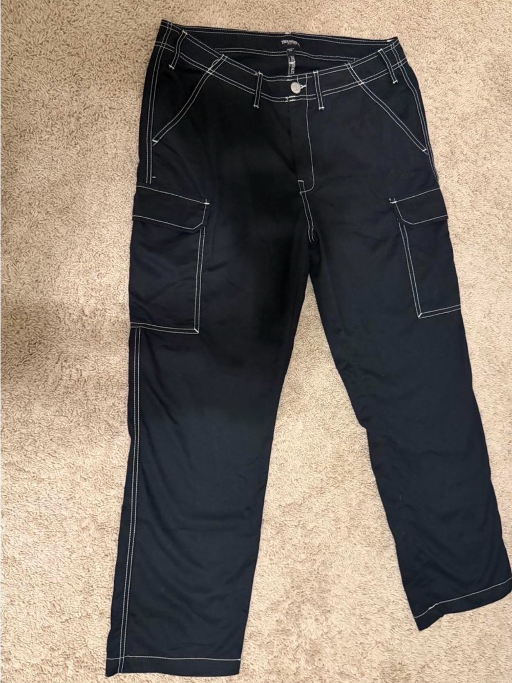 True Religion Black Cargo Pants White Contrast Stitching and horseshoe design
